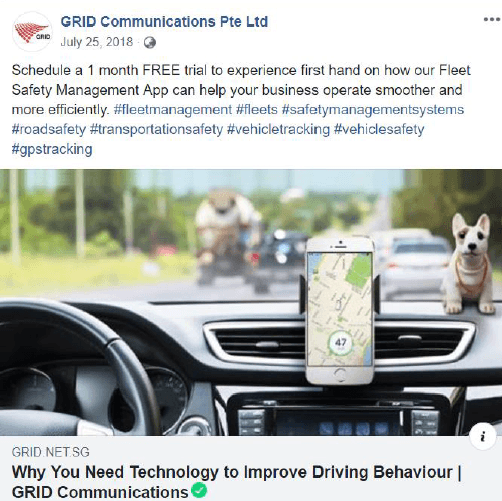 GRID Communications Facebook post from 25 July 2018 offering a one-month free trial of its Fleet Safety Management app, with a photo of a phone showing a map on a car dashboard.